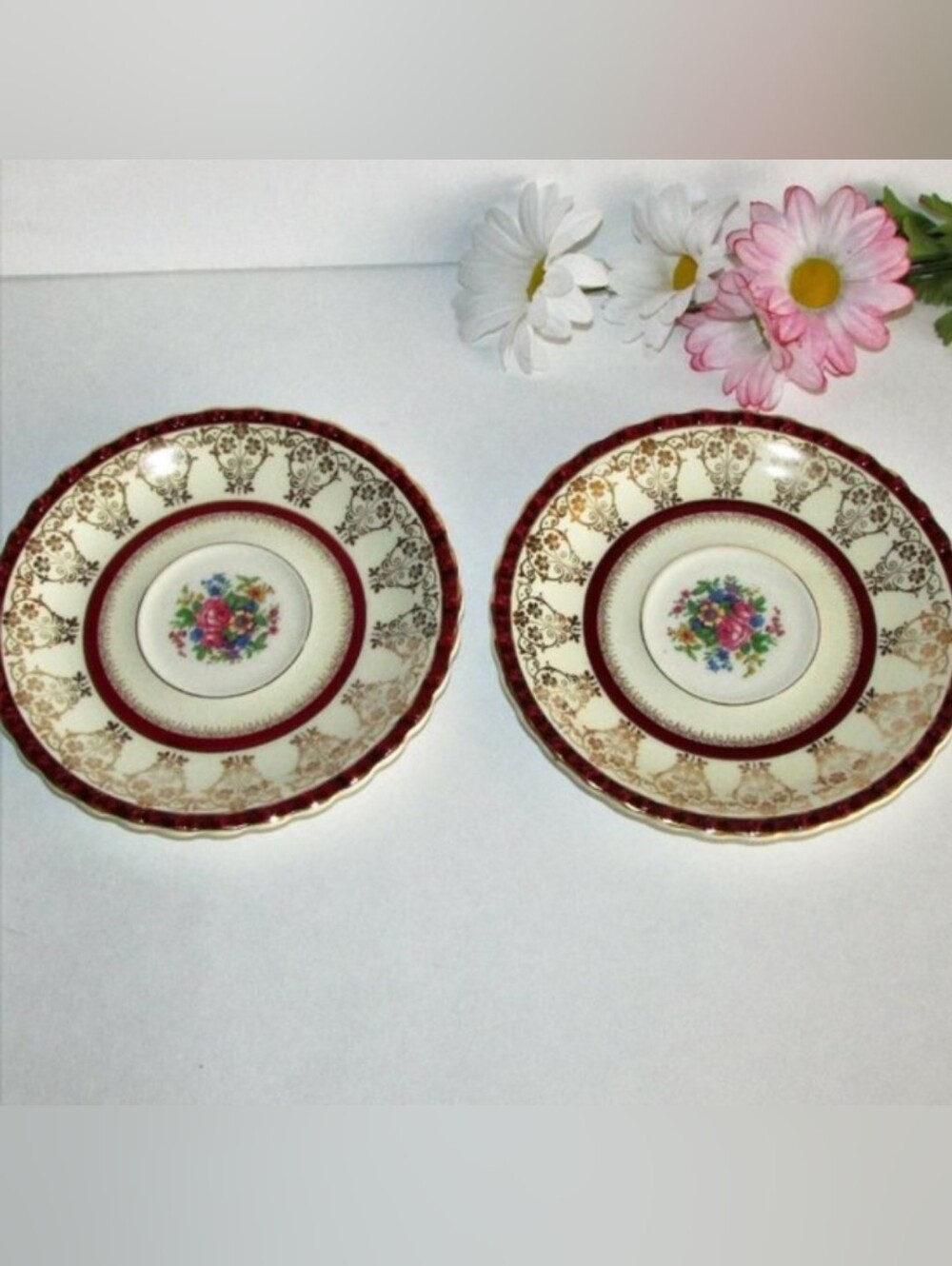 Vintage Myott Staffordshire Saucers 2 Ornate Gold Filigree Floral Burgundy Band